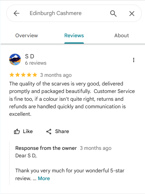 Customer asking Edinburgh Cashmere for sizing advice before ordering